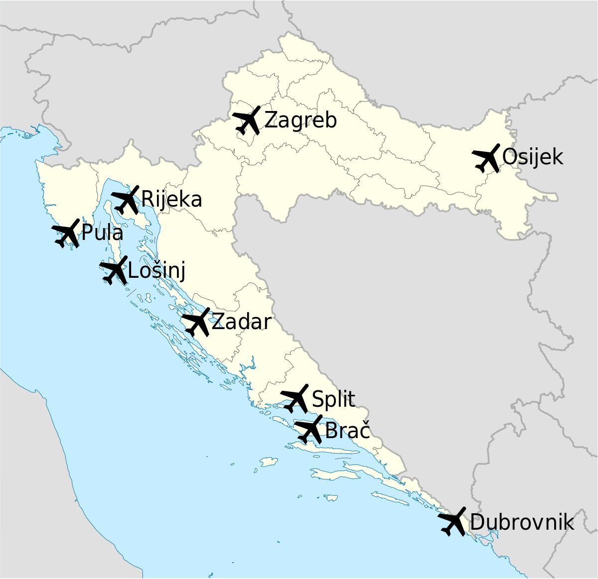 carte de la croatie montrant les aéroports